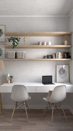 two white chairs sitting at a desk in front of shelves filled with books and plants