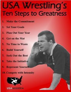 a man talking on a cell phone with the words usa wrestling's ten steps to greatness