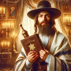 a man with a long beard holding a book and wearing a hat in front of a chandelier