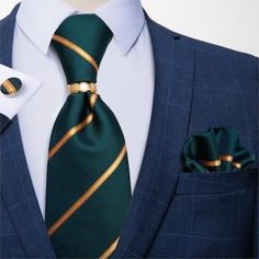 The Honors Collection is sure to graduate you from regular to classy! It features a dignified green tie with gold stripe pattern. To add a little pop to your black or gray suit, this set also includes a standard size matching pocket square and cufflinks. As an added bonus, this set also includes tie ring that is covered in meticulously selected crystals in a prong setting and polished to ensure a brilliant shine. Specifications Ties Type: Neck Tie SetSize: One SizeModel Number: JZ04-7148Pattern Vip Design, Tie Ring, Necktie Set, Gold Shirt, Tie Pattern, Men Stylish Dress, Green Tie, Wedding Ties, Tie Styles