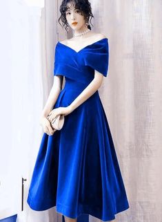 Lovely Royal Blue Velvet Tea Length Off Shoulder Party Dress, Blue Vel – Cutedressy Velvet Homecoming Dress, Off Shoulder Party Dress, Party Dress Blue, Off Shoulder Evening Dress, Prom Dresses 2018, Blue Party Dress, Color Rush, Prom Dresses Ball Gown, Tea Length