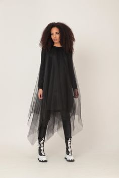 Black Sheer Dress, Black Tulle Dress, Plus Size Tulle Dress OVERSIZED MIDI DRESS IN ASYMMETRIC RICH TULLE NET LAYERS GARMENT FEATURES: * A truly stunning design with a WOW-effect when moving * Asymmetric rich tulle layers of soft net * Fully lined with soft cotton jersey * Ribbed classic crew neckline * Long jersey sleeves in a sweatshirt pattern, covered in tulle * Light weighted and comfy to wear * Part of our ADEPTT PREMIUM edit SIZING & FITTING: Model is 172cm tall and wears size S. This Black Tulle Dress For Spring, Black Fitted Tulle Midi Dress, Fitted Black Tulle Midi Dress, Sheer Tulle Evening Dress With Long Sleeves, Black Party Dresses With Tulle Skirt, Long Sleeve Tulle Dress For Cocktail, Evening Tulle Dress With Long Sleeves, Evening Long Sleeve Tulle Dresses, Black Mesh Dress With Tulle Skirt For Spring