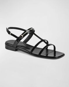 Gucci 'Divine' calf leather sandals with metal strap accent.Flat heel.Open toe.Caged, T-strap vamp.Adjustable slingback strap.Leather outsole.Made in Italy Gucci Shoes Women, Cage Sandals, Sandals Flat, Caged Sandals, Metal Straps, Slingback Sandals, Slingback Sandal, Gucci Shoes, T Strap