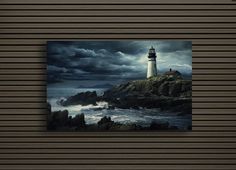 a painting of a lighthouse in the ocean under a cloudy sky with dark clouds above it