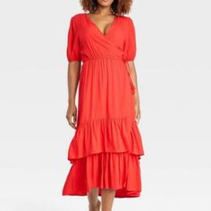 Red Ruffle Dress, Size Xs, Maxi Or Midi Depending On Your Height Red Tiered Midi Dress For Summer, Red Short Sleeve Midi Dress With Ruffles, Red Tiered Midi Dress For Spring, Casual Red Maxi Dress With Ruffle Hem, Red V-neck Midi Dress With Ruffle Hem, Red Maxi Dress With Ruffle Hem For Spring, Spring Red Maxi Dress With Ruffle Hem, Casual Red Tiered Maxi Dress, Red Fitted Tiered Midi Dress