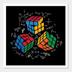 two colorful rubik cubes on a black background surrounded by math symbols and numbers