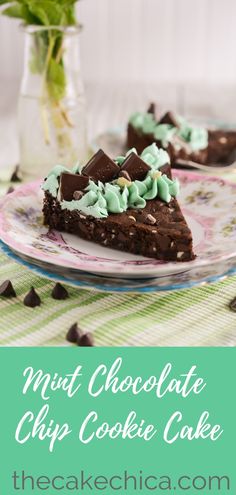 mint chocolate chip cookie cake on a pink and green plate with flowers in the background