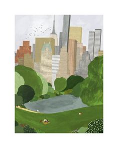 a painting of a city skyline with trees and people on the grass in front of it