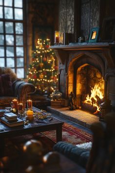 a living room filled with furniture and a fire place next to a window covered in christmas lights