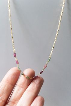 24k gold plated, tourmaline chain • CHAIN LENGTH: 16" + 2.5" extender chain • CLASP STYLE: Spring Due to the nature of the stones, each necklace is totally unique Chips Necklace, Chip Bead Necklace, Chip Necklace, Stone Bead Jewelry, Puzzle Crafts, Stone Chips, Beads Jewellery, Appointment Book, Tourmaline Beads