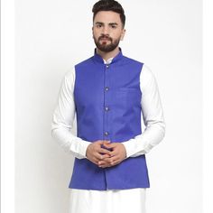 Men Royal Blue Solid Nehru Jacket By Indian Designer Jompers Brand New Never Been Worn Blue Stand Collar Blazer For Formal Occasions, Formal Blue Stand Collar Blazer, Blue Nehru Jacket With Stand Collar For Winter, Blue Winter Nehru Jacket With Stand Collar, Formal Blue Outerwear With Stand Collar, Formal Blue Nehru Jacket With Stand Collar, Blue Formal Nehru Jacket With Stand Collar, Blue Nehru Jacket With Long Sleeves For Winter, Blue Long Sleeve Nehru Jacket For Winter