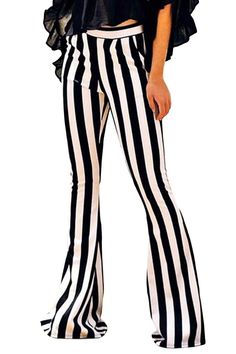 Black and White Striped Bell Pants Striped Stretch Wide Leg Pants, Striped Wide Leg Stretch Pants, Striped Stretch Trousers, Stretch Striped High-waisted Pants, Stretch Striped Trousers, Striped Stretch Bottoms For Night Out, Striped Wide Leg Pants For Night Out, Chic Striped Pants For Night Out, Striped High Waist Bottoms For Fall