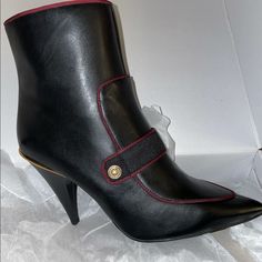 **Bnib** Nine West Leather Westham Booties With Gold Hardware And Burgundy Trim Through. Only Tried On For Sizing. Great Statement Boots For Both Casual And Dressed Up Looks! Runs True To Size For People That Have Wide Feet. Since They’re Pointy Toe And Slightly Narrow At The Toe Box, I Would Say They’re Also Suitable For Someone Who Wears A 7 1/2. Black Leather Pointed-Toe Booties With Side Zipper; Metallic Heel Rand Layered Panel With Strap And Button Detail At Front 3-1/2" Heel Suede Or Leath Classic Pointed Toe Booties For Fall, Fall Office Booties With Closed Toe, Designer Ankle-high Work Boots, Designer Almond Toe Boots For Fall, Designer Ankle Boots For Fall, Designer Heeled Boots For Office In Fall, Designer Heeled Boots For Fall Office Wear, Designer Closed Toe Work Boots, Statement Boots