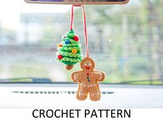 a crochet christmas ornament hanging from a car window with the words crochet pattern on it