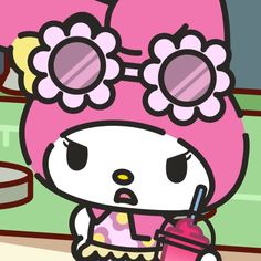 a cartoon character holding a drink in her hand and wearing a pink hat with flowers on it