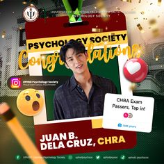 an advertisement for the psych society's graduation celebration, featuring a photo of a young man