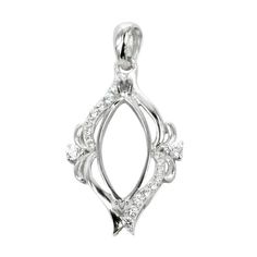 Mirrored, elegant Cubic Zirconia-set flourishes frame the marquise setting of this sterling silver pendant which comes with a soldered loop and bail This pendant setting size is suitable for 8mm x 16mm marquise cabochons or cut stones. This piece is a popular choice for many jewelers, jewelry designers and artists to add beautiful and a true statement piece to their designs. Bail will accept chain/cording thicknesses up to 3.2mm.This pendant is 29mm x 15mm, has a setting size for a 8mm x 16mm ma Marquise Setting, Marquise Pendant, Floral Pendant, Jewelry Designers, Sell Gold, Emerald Jewelry, Silver Pieces, Pendant Set, Sterling Silver Pendant