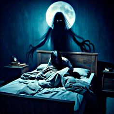 a person laying in bed with long hair on their head and arms, under the moon