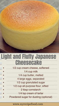 This airy Japanese cheesecake is soft, fluffy, and delicately sweet with a melt-in-your-mouth texture. Perfect for a delightful dessert or tea-time treat.  Preheat oven to 320°F (160°C). Line and grease a 7-inch round cake pan, and prepare a hot water bath. In a bowl, melt together cream cheese, milk, and butter until smooth. Whisk in egg yolks, then gently fold in flour and cornstarch. In a separate bowl, beat egg whites with cream of tartar, gradually adding sugar until soft peaks form. Gently fold into the batter. Pour batter into the pan, place in the water bath, and bake for 50-60 minutes, or until set. Cool, dust with powdered sugar, and enjoy!  #JapaneseCheesecake #FluffyDessert Cheesecake Recipes Japanese, Japan Dessert Recipe, Japanese Food Recipes Desserts, Japanese Pudding Recipe, Japanese Cotton Cheesecake Recipe, Fluffy Japanese Cheesecake, Cheesecake Japanese, Japanese Cheesecake Recipe, Japanese Baking