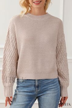 Ebeek - Cozy Drop Shoulder Cable Knit Sweater Beige Soft Knit Top For Winter, Winter Soft Knit Beige Top, Beige Soft Knit Cropped Sweater, Beige Cropped Soft Knit Sweater, Beige Textured Knit Top For Fall, Cozy Cable Knit Top For Fall, Cozy Beige Knit Top For Fall, Cozy Textured Knit Top, Cozy Soft Knit Top