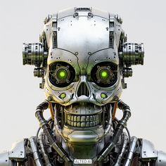 an image of a robot with green eyes