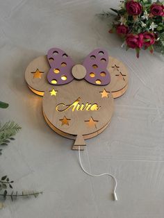 Wall lamp - night light - with warm LED strip made of wood and hand painted. Lanyard to turn the light on and off. Possibility to customize bow color and name on request. Acrylic Cnc Design, Wooden Nursery Decor, Laser Wood Projects, Wood Gift Ideas, Laser Cut Projects, Wooden Wall Lamp, Wood Laser Ideas, Idee Cricut, Laser Cut Panels