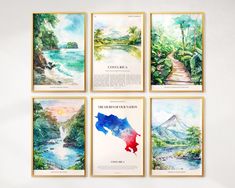 four watercolor paintings on the wall in different colors and sizes, each with an image of