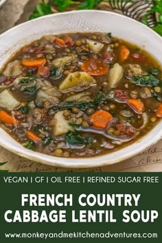 a bowl of french country cabbage lentil soup