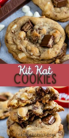 cookies with chocolate chips and nuts are stacked on top of each other in front of the words, kitkat cookies