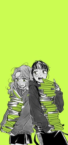 two people with stacks of books on their backs, one holding the other's head