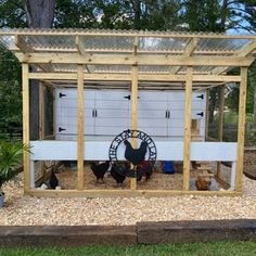 an outdoor chicken coop with chickens in it