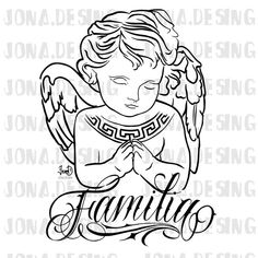 an angel with the word family on it's chest and wings in black ink