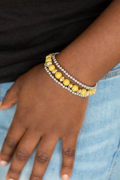 Polished yellow beads and mismatched silver beads are threaded along stretchy bands for a seasonal look. Sold as one set of three bracelets. Yellow Bracelet, Mobile Boutique, Fun Jewelry, Yellow Stone, Paparazzi Accessories, Stretchy Bracelets, Paparazzi Jewelry, Beaded Stretch Bracelet, One Set