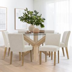 a dining room table with chairs and a potted plant