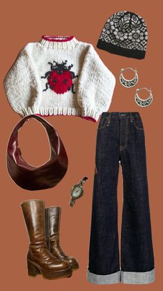 an assortment of clothing and accessories are arranged on a brown background, including sweaters, jeans, boots, bracelets, and necklaces