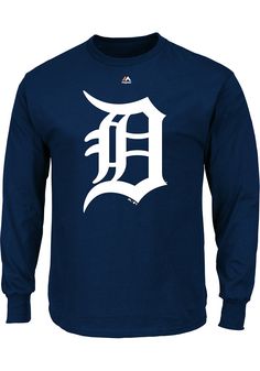 Majestic Detroit Tigers Mens Navy Blue Oversized Cap Logo Long Sleeve T Shirt - Image 1 Blue Fan Apparel T-shirt For Fall, Navy Long Sleeve Top With Letter Print, Navy Oversized Tops With Letter Print, Navy Oversized Top With Letter Print, Oversized Navy Tops With Letter Print, Navy Oversized Graphic Print Top, Polish Eagle, Tigers Shirt, Tiger Birthday