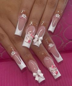 Paznokcie Hello Kitty, Bow Nail Designs, Hello Kitty Nails Art, Girly Acrylic Nails, Hello Kitty Nails, Really Cute Nails, Acrylic Nails Coffin Pink, Soft Nails, Blue Nail