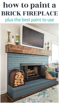 a fireplace with the words brick fireplace makeover over it and an image of logs