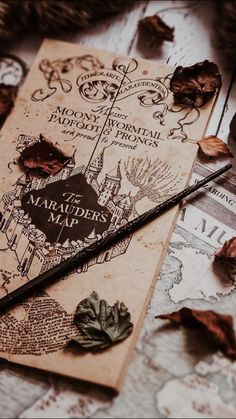 an old harry potter map with some leaves on it and a wand laying next to it