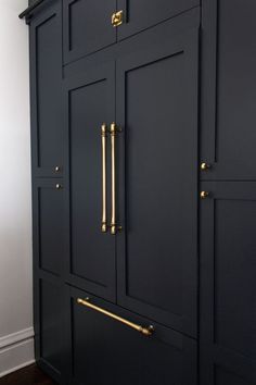 a black cabinet with brass handles and knobs on the doors is shown in this image