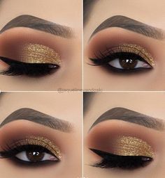 Golden Smokey Eye Makeup, Golden Smokey Eye, Smokey Eye Makeup Ideas, Prom Eyes, Golden Eye Makeup, Makeup Korea, Make Up Designs, Gold Eye Makeup, Prom Eye Makeup