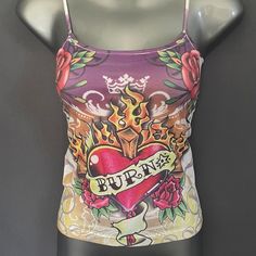 New Multi Colored Sublimation Stretch Tattoo Tank Top Vibrant Cute Design Heart With Roses Spaghetti Straps S/M - 12.5" Across Chest L/Xl - 15" Across Chest 91% Nylon - 8% Spandex Fitted Purple Tops With Sublimation Print, Multicolor Stretch Tank Top With Graphic Print, Stretch Multicolor Graphic Print Tank Top, Multicolor Graphic Print Stretch Tank Top, Multicolor Custom Print Fitted Tops, Fitted Multicolor Tops With Custom Print, Fitted Multicolor Custom Print Tops, Mock Neck Tank Top, Adidas Tank Top