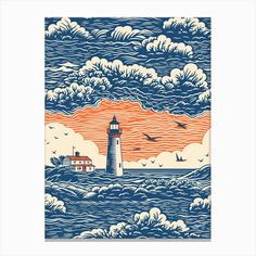 a lighthouse surrounded by clouds and birds in the sky