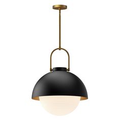 a black and gold pendant light with a white ball hanging from the bottom, on an isolated