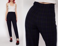 Vintage 80s high waisted stirrup pants in a dark grey, blue, and purple plaid. Measurements and Condition: Fits like: Labeled size 4, but fits modern women's petite extra small (inseam fits petite with the stirrup) Fabric: Cotton/spandex Brand: Averroe, made in USA Condition: Excellent Waist: 23.5" Hips: 33" to 35" - taken at the bottom of the zipper opening Rise: 11.5" Inseam not including stirrup: 24.5" Inseam including stirrup: stretches 26" to 29" comfortably Shown on a 5'3" model with measu Fitted Plaid High-waisted Pants, Fitted High-waisted Plaid Pants, Fitted Plaid High-waist Bottoms, Plaid High Waist Fitted Bottoms, High Waist Plaid Fitted Bottoms, High Waist Fitted Plaid Bottoms, Fitted High Waist Plaid Bottoms, Retro Fitted Plaid Bottoms, Fitted Vintage Plaid Bottoms