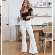 Get Ready To Do Some Power Dressing! Amelia High Rise Flare Jeans Are Perfect For Work Wear, Date Nights, And Any Other Casual Occasion! Style With Your Favorite Basic Top And Pair With Strappy High Heels, Elevated Gold Jewelry, And A Matching Crossbody To Compliment The Look. White Flare Jeans Outfit, Flare Jeans Outfit, White Flared Jeans, High Rise Flare Jeans, Strappy High Heels, Power Dressing, Date Nights, Basic Tops, Jean Outfits