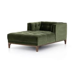 an olive green velvet chaise lounge chair with wooden legs and footrests, viewed from the front