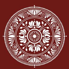 a red and white circular design on a maroon background