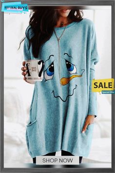 Christmas Xmas Long Sleeve Round Neck Printed Top T-shirt Xmas T-shirt Blue Long Sleeve T-shirt With Funny Print, Winter Long Sleeve Tops With Character Print, Winter Character Print Long Sleeve Tops, Blue Crew Neck T-shirt, Fun Winter T-shirt With Crew Neck, Casual Winter Tops With Cartoon Print, Casual Long Sleeve Cartoon Print T-shirt, Relaxed Fit Long Sleeve T-shirt With Character Print, Long Sleeve T-shirt With Character Print In Relaxed Fit