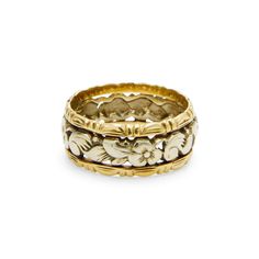 Antique 14K Yellow Gold Flower Engraved Wedding Band | Fred Leighton Yellow Gold Filigree Jewelry For Marriage, 14k Gold Jewelry With Intricate Design For Marriage, Heirloom Etched Jewelry For Marriage, Ornate Yellow Gold Jewelry With Decorative Band, Heirloom Gold Filigree Wedding Jewelry, Traditional 14k Yellow Gold Engraved Ring, Engraved Yellow Gold Filigree Wedding Ring, Victorian 14k Gold Etched Jewelry, Ornate Gold Engraved Ring With Filigree